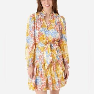 Hunter Bell Blakely Long Sleeve Silk Dress in Colorful Flower Patchwork, Medium
